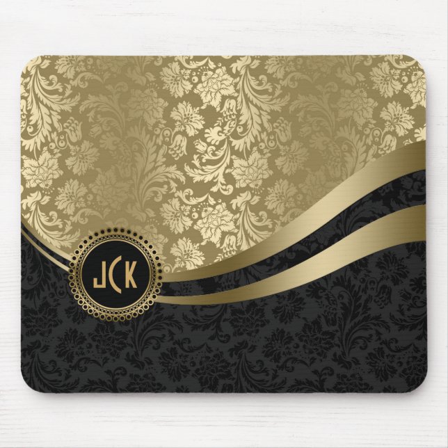 Monogramm Schwarze & Goldene Blumen-Damaskus 2 Mousepad (Vorne)