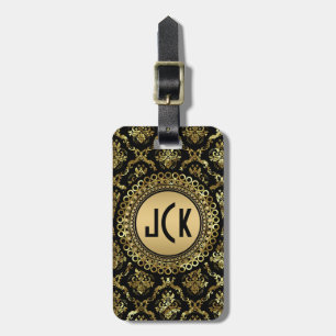 Monogramm Schwarze & Goldene Vintage Blumen Damast Gepäckanhänger