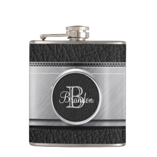 Monogramm-schwarze lederne Blick-Edelstahl-Flasche Flachmann