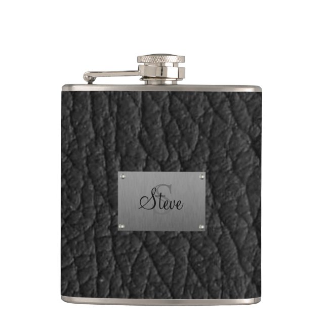 Monogramm-schwarze lederne Blick-Flasche Flachmann (Vorderseite)