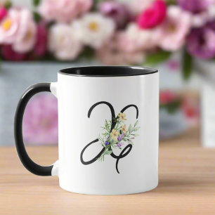 Monogramm Schwarze Typografie Farbige Blumen Tasse