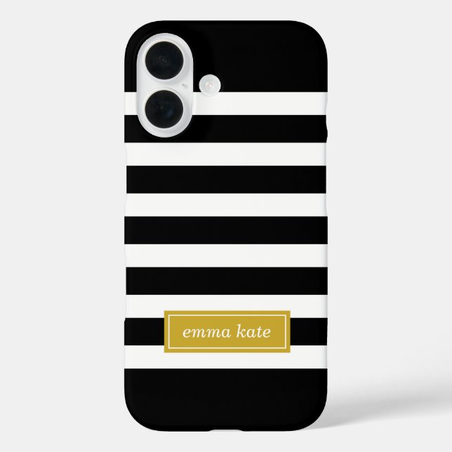 Monogramm schwarze und goldene Preppy-Streifen Case-Mate iPhone Hülle (Rückseite)