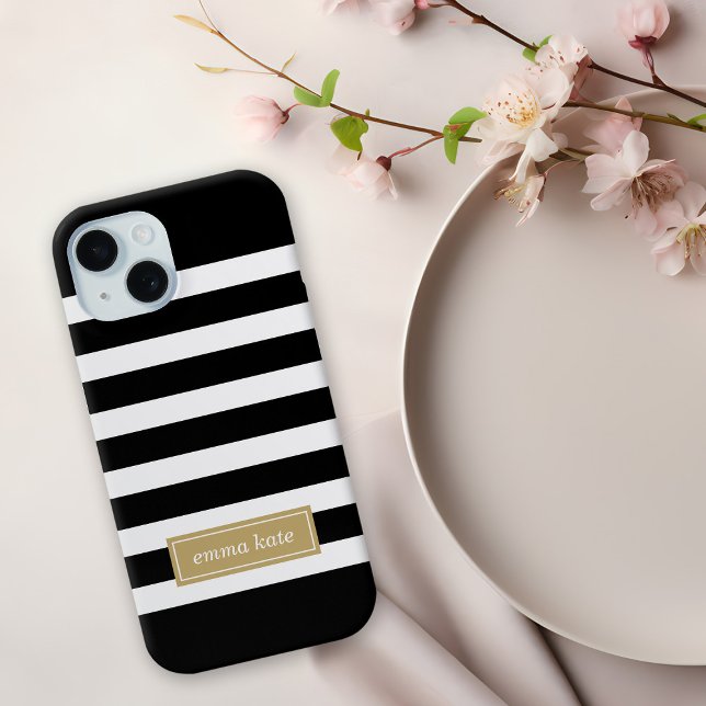 Monogramm schwarze und goldene Preppy-Streifen Case-Mate iPhone Hülle (Von Creator hochgeladen)