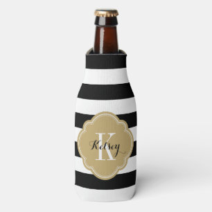 Monogramm schwarze und goldene Preppy-Streifen Flaschenkühler
