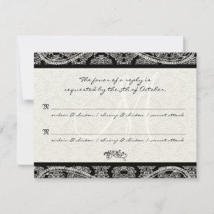 Monogramm Schwarzer Damast Hochzeitsantwort RSVP Karte
