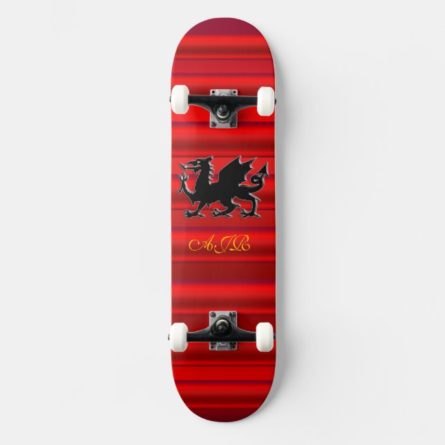 Monogramm, Schwarzer Drache auf rot-metallischem E Skateboard (Vorderseite)