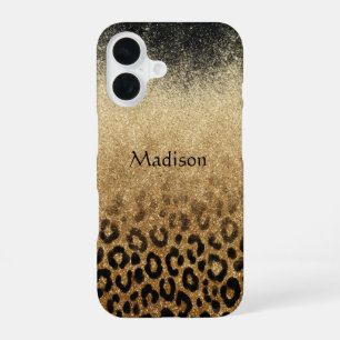 Monogramm Schwarzer Gold Glitter Leopardenprint iPhone 16 Hülle