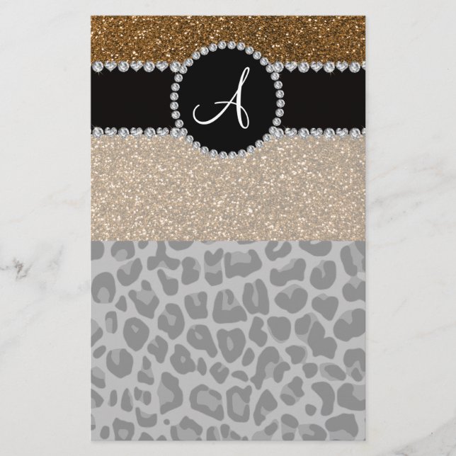 Monogramm Schwarzer Leoparden-Glitzer Briefpapier (Vorderseite)