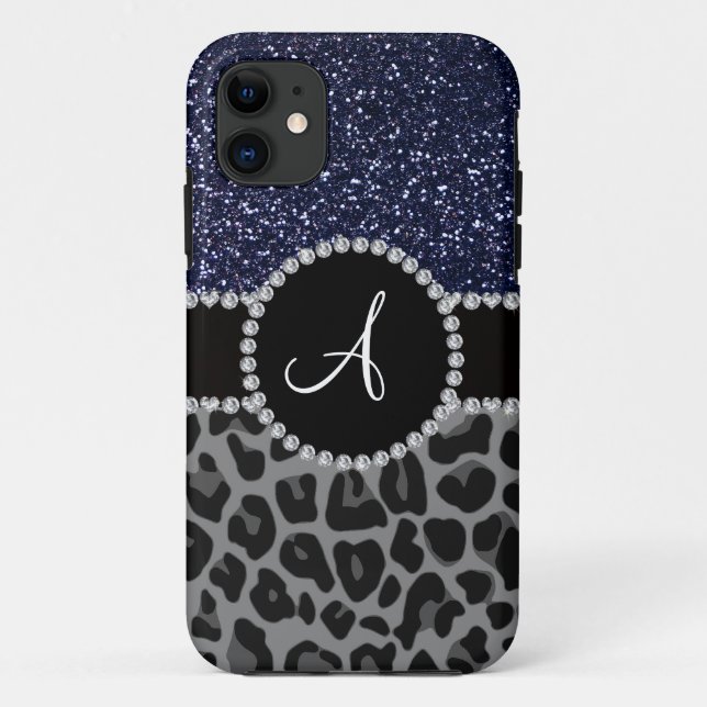 Monogramm schwarzer Leopardenmarineblau-Glitzer Case-Mate iPhone Hülle (Rückseite)