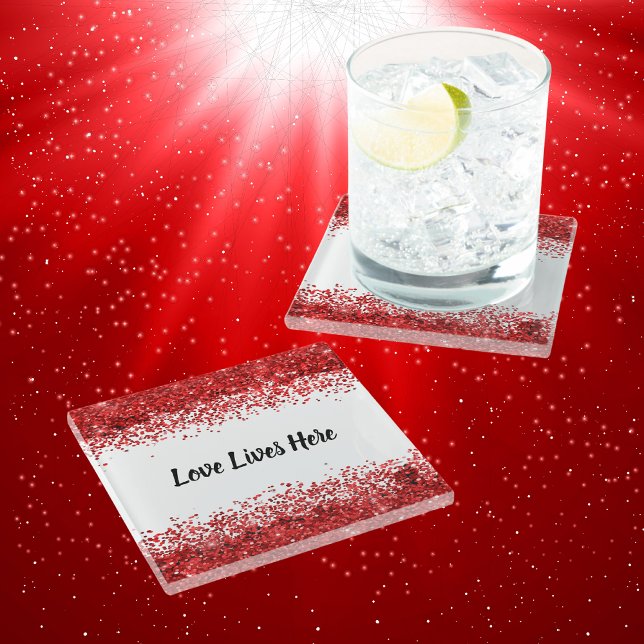 Monogramm - Schwarzer Text auf Weiß mit rotem Glit Glasuntersetzer (Von Creator hochgeladen)