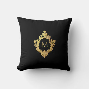 Monogramm Schwarzes Faux-Gold-Wappen Elegant Vinta Kissen