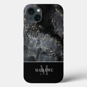 Monogramm Schwarzes Gold Glitter Abstrakte Tinten iPhone 13 Hülle