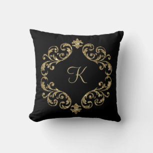 Monogramm Schwarzes Gold Glitter Damast Schwung Kissen