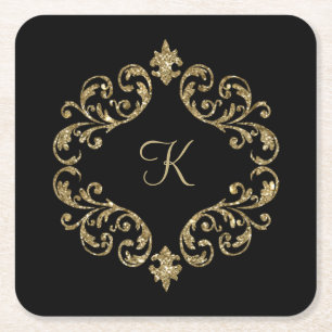 Monogramm Schwarzes Gold Glitter Damast Schwung Wi Rechteckiger Pappuntersetzer