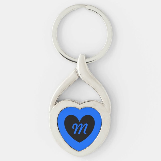 Monogramm Schwarzes Herz auf blau Schlüsselanhänger (Vorderseite)