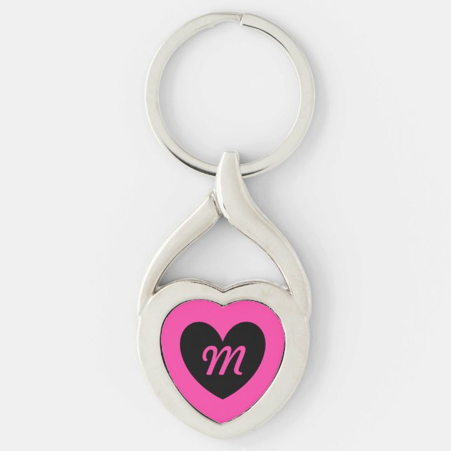 Monogramm schwarzes Herz auf Fuchsienrosa Schlüsselanhänger (Vorderseite)