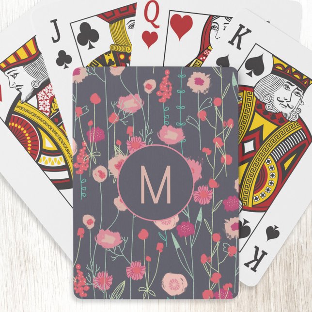Monogramm Schwarzes Rosa Spielkarten (Personalized monogram initial boho dark floral playing cards)
