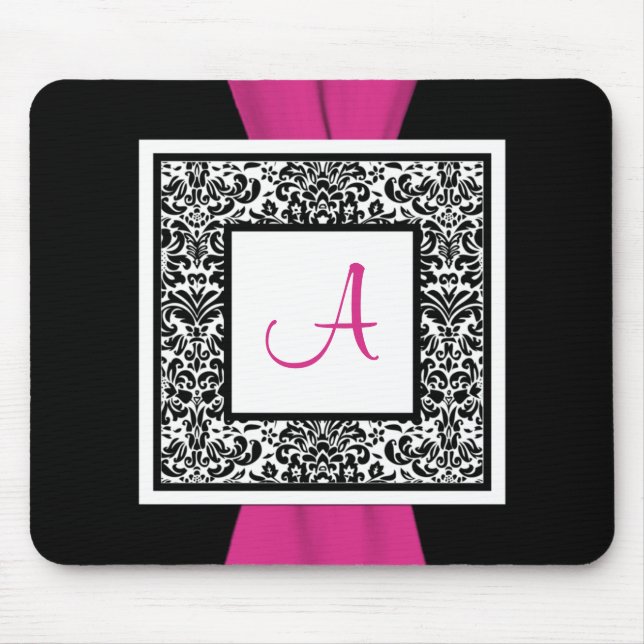 Monogramm-Schwarzes, Rosa, weißer Damast Mousepad (Vorne)