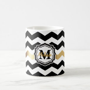 Monogramm-Schwarzes, Weiß und Gold Zickzack Tasse