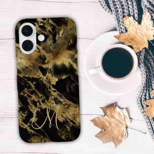 Monogramm Schwarzgold-Marmor-Wasserfarbe-Alkohol-T iPhone 16 Hülle
