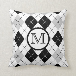 Monogramm-Schwarzkissen mit grauem Argyle-Muster Kissen