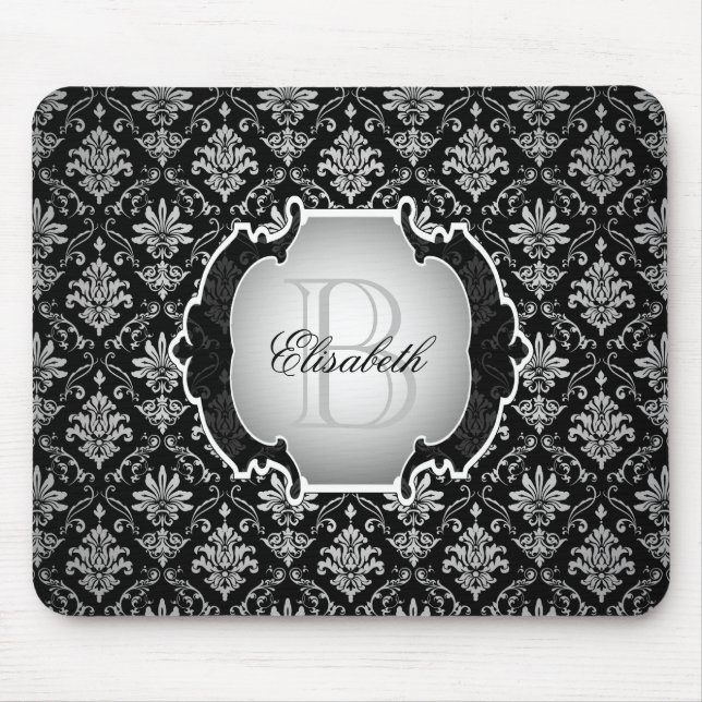 Monogramm-Schwarzweiss-Damast Mousepad (Vorne)