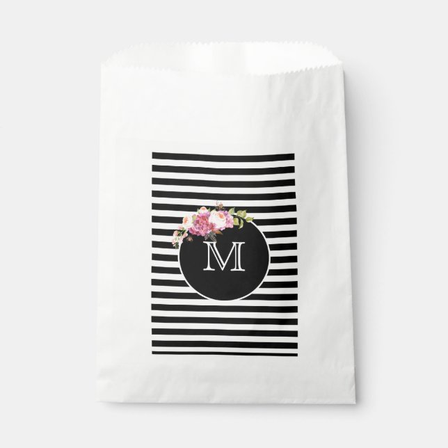 Monogramm Schwarzweißstreifen mit Blume Geschenktütchen (Vorderseite)