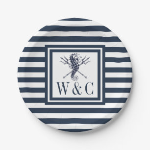 Monogramm-Seepferdchen-Nautik-Navyblauer Streifen  Pappteller