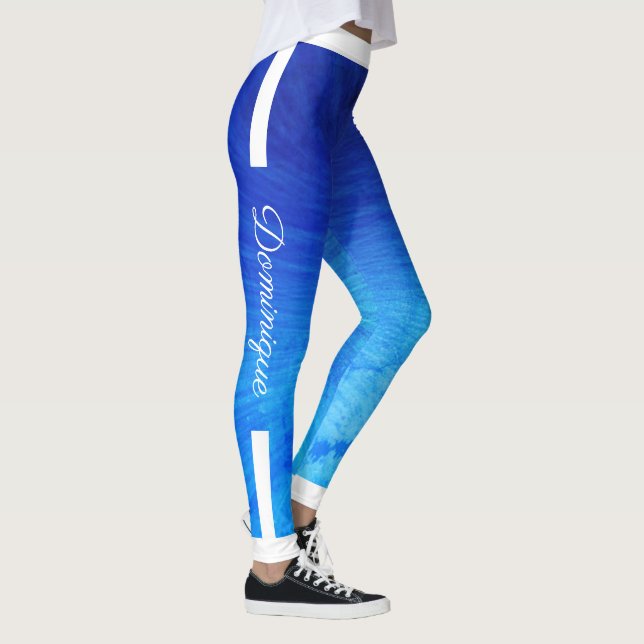 Monogramm Seitenstreifen auf glänzender blauer Gru Leggings (Rechts)