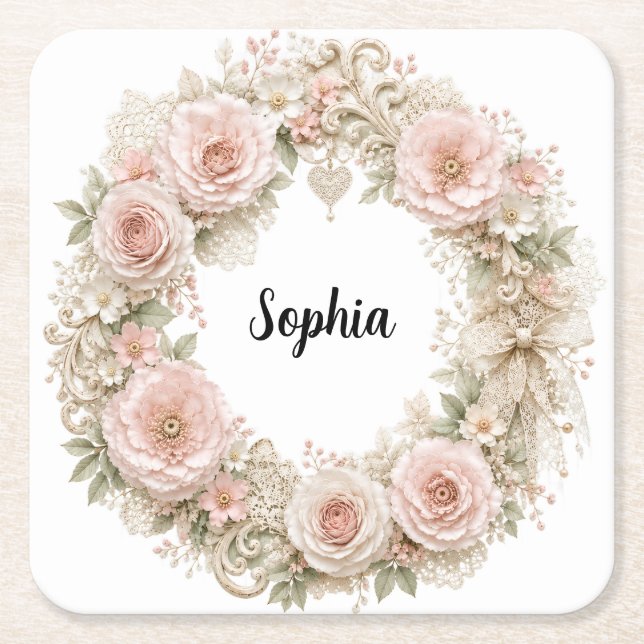 Monogramm shabby chic Blumenkranz Untersetzer  (Vorderseite)