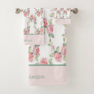 Monogramm Shabby Chic Cottage Core Rosa Blumenmust Badhandtuch Set