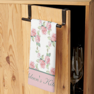 Monogramm Shabby Chic Rosa Blumenmuster  Geschirrtuch