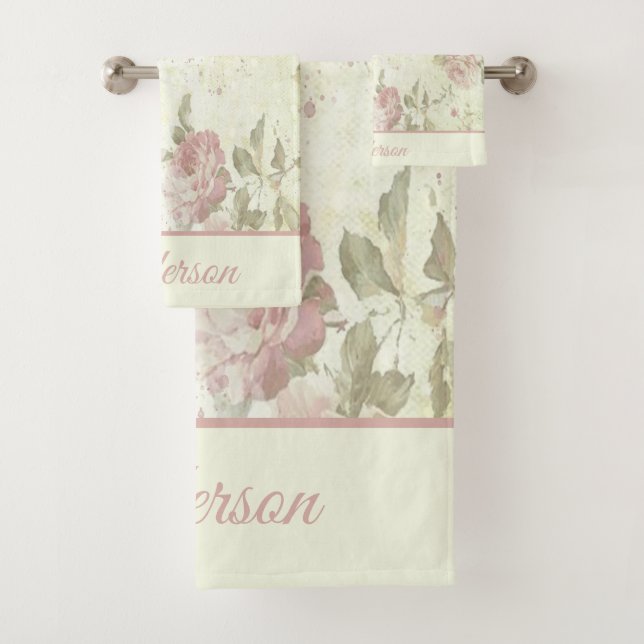 Monogramm Shabby Chic Rosa Grüne Rose Badhandtuch Set (Insitu)