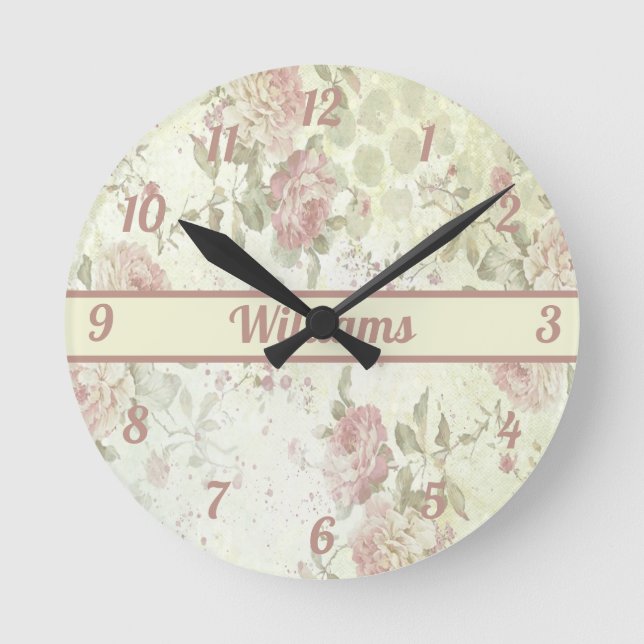 Monogramm Shabby Chic Rosa Grüne Rose Blauer  Runde Wanduhr (Vorderseite)