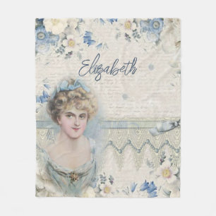 Monogramm Shabby Chic Vintage Lady Blau Blumen Fleecedecke