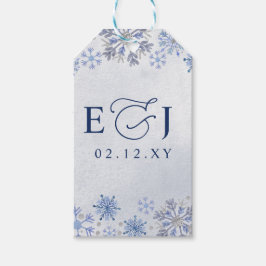 Monogramm Silber Blaue Schneeflocken Winterhochzei Geschenkanhänger