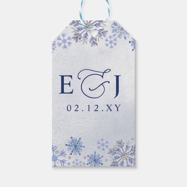 Monogramm Silber Blaue Schneeflocken Winterhochzei Geschenkanhänger (Vorderseite)