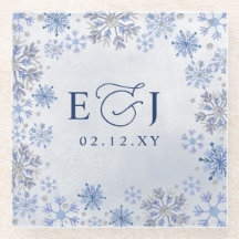 Monogramm Silber Blaue Schneeflocken Winterhochzei