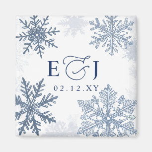 Monogramm Silber Blaue Schneeflocken Winterhochzei Magnet