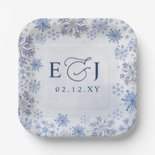 Monogramm Silber Blaue Schneeflocken Winterhochzei Pappteller