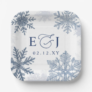 Monogramm Silber Blaue Schneeflocken Winterhochzei Pappteller