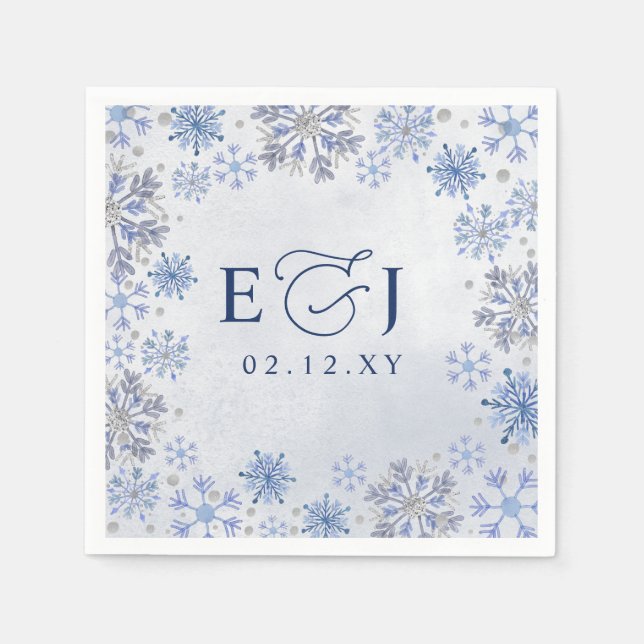 Monogramm Silber Blaue Schneeflocken Winterhochzei Serviette (Vorderseite)