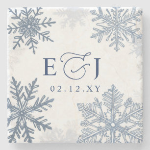 Monogramm Silber Blaue Schneeflocken Winterhochzei Steinuntersetzer