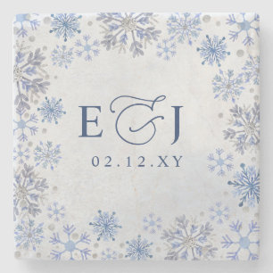 Monogramm Silber Blaue Schneeflocken Winterhochzei Steinuntersetzer