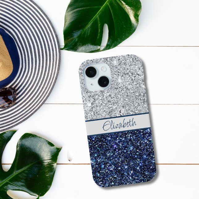Monogramm Silber Dunkelblauer Glitter Trend Chic  Case-Mate iPhone Hülle (Monogrammed Name Silver Navy Blue Glitter iPhone case.)
