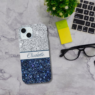 Monogramm Silber Dunkelblauer Glitter Trend Chic iPhone 15 Hülle