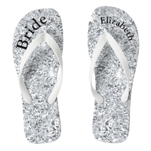 Monogramm Silber Glitter Glam Bling Bräute Flip Flops (Fußbett)
