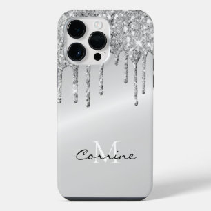 Monogramm Silber Glitter Metallisch Platin iPhone 14 Pro Max Hülle