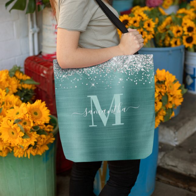 Monogramm Silber-Glitzer Aqua Aquamarine Folie (Signature Monogram Silver Glitter Aqua Teal Foil Tote Bag)