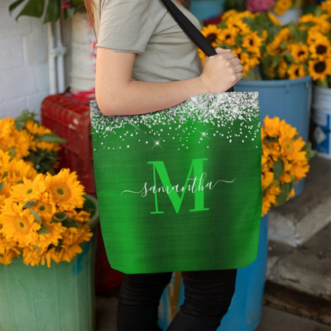 Monogramm Silber-Glitzer-Grünfolie (Signature Monogram Silver Glitter Green Foil Tote Bag)